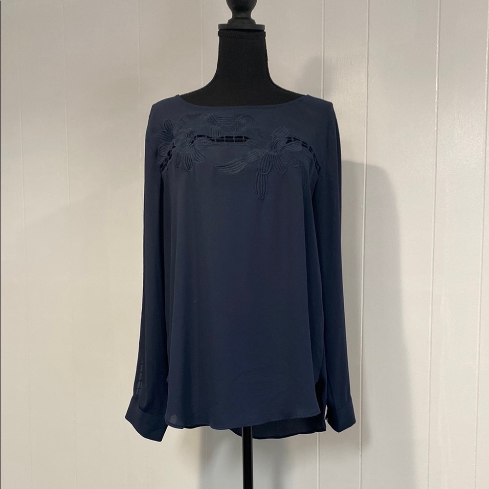 LOFT Blouse Embroidered Floral Burnout Neckline and Sleeve Midnight Blue Large